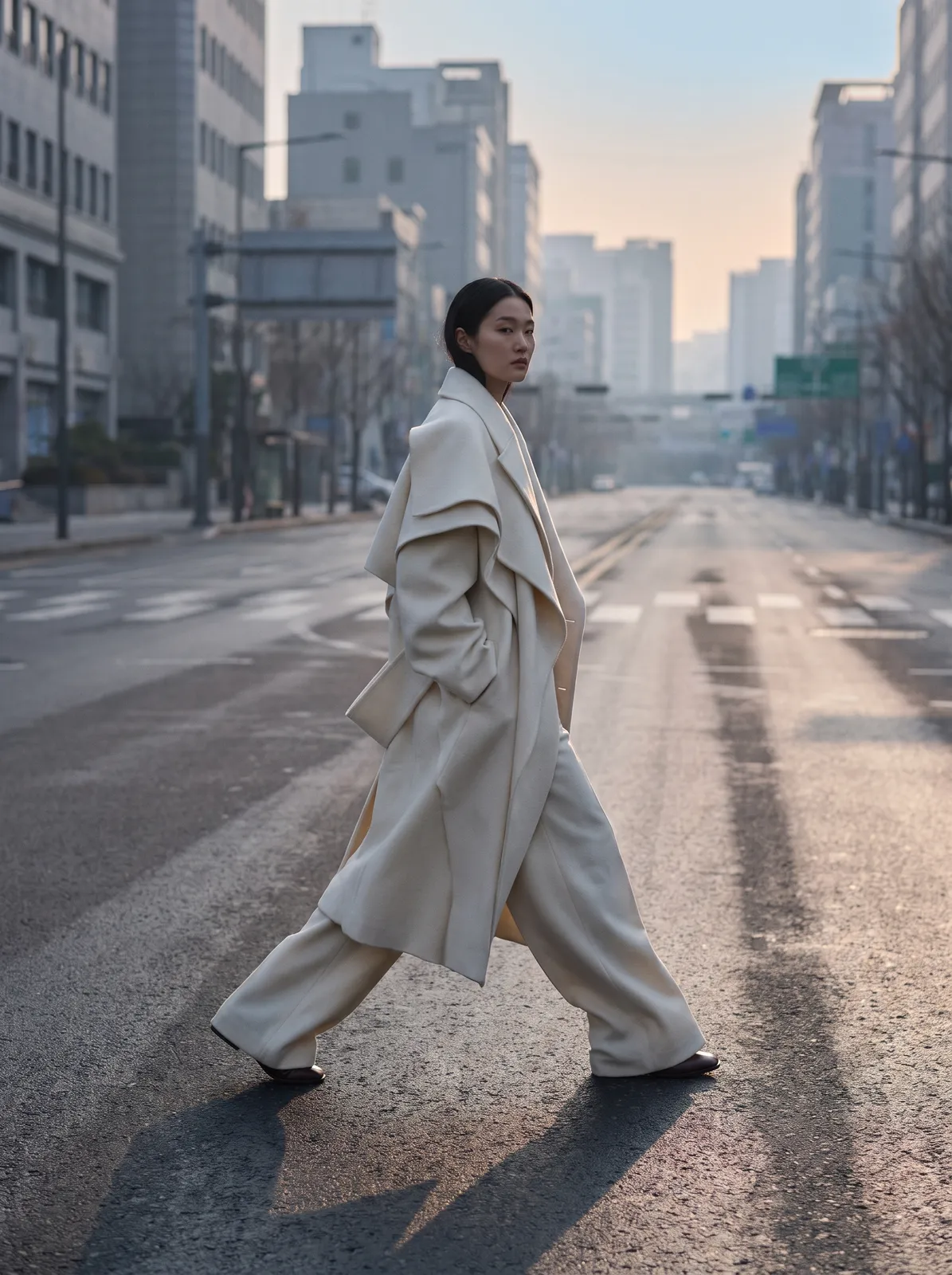 Editorial fashion photo of a Korean model in a sculptural oversized ivory wool coat walking across an empty Seoul crosswalk at dawn, long shadow, muted city tones, wide-legged stride, Vogue Korea styl