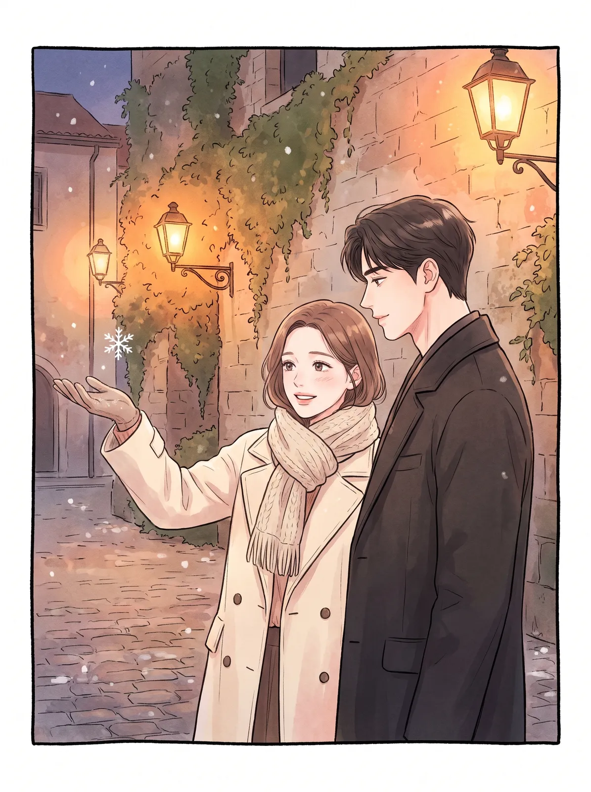 Korean webtoon romance panel of a woman in a cream coat holding out her palm to catch the first snowflake of the year while the man beside her watches her instead…