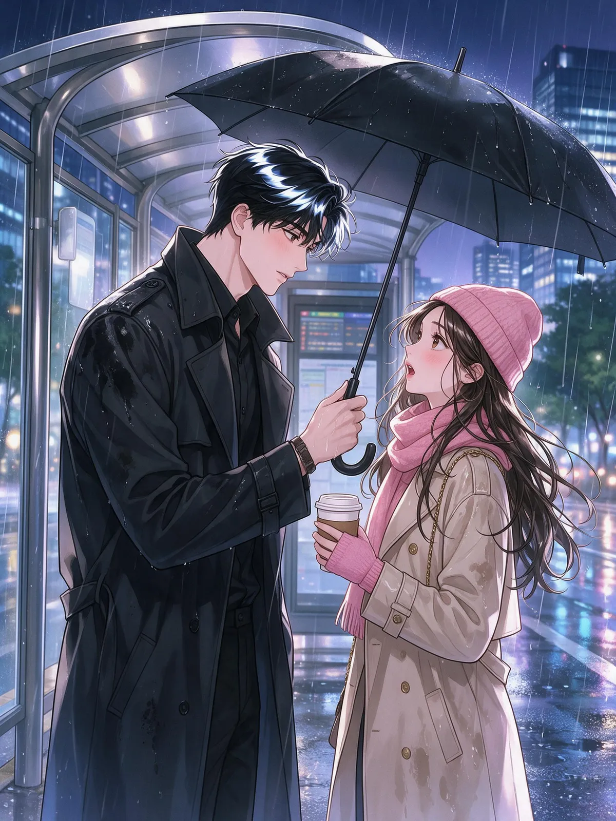 Korean webtoon style illustration of a romance lead: a tall man in a black coat holding an umbrella over a surprised woman at a Seoul bus stop in the rain, glossy hair highlights, soft blush tones, cl