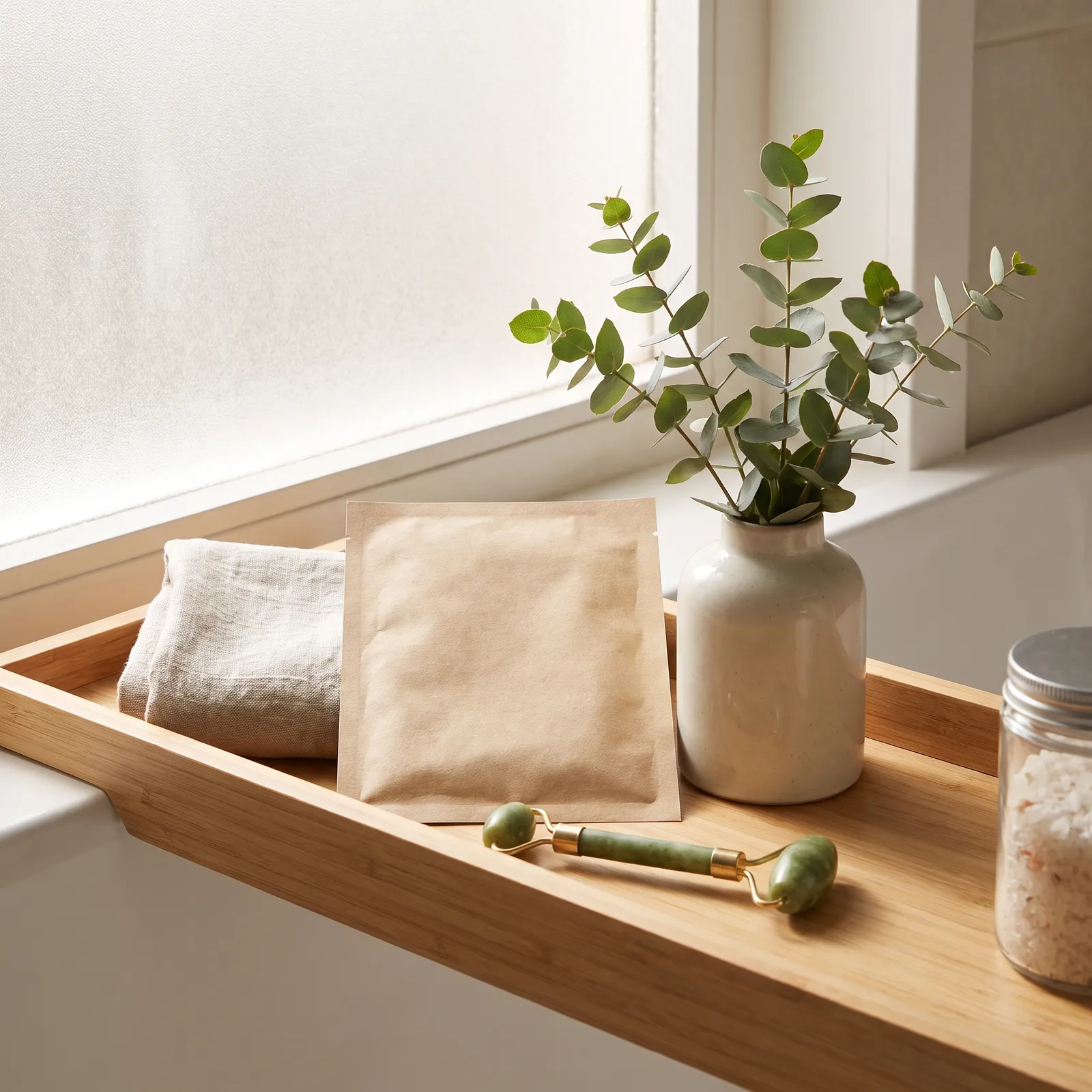 Sheet mask packaging and a jade facial roller on a bathroom shelf with eucalyptus leaves, morning light, clean self-care aesthetic