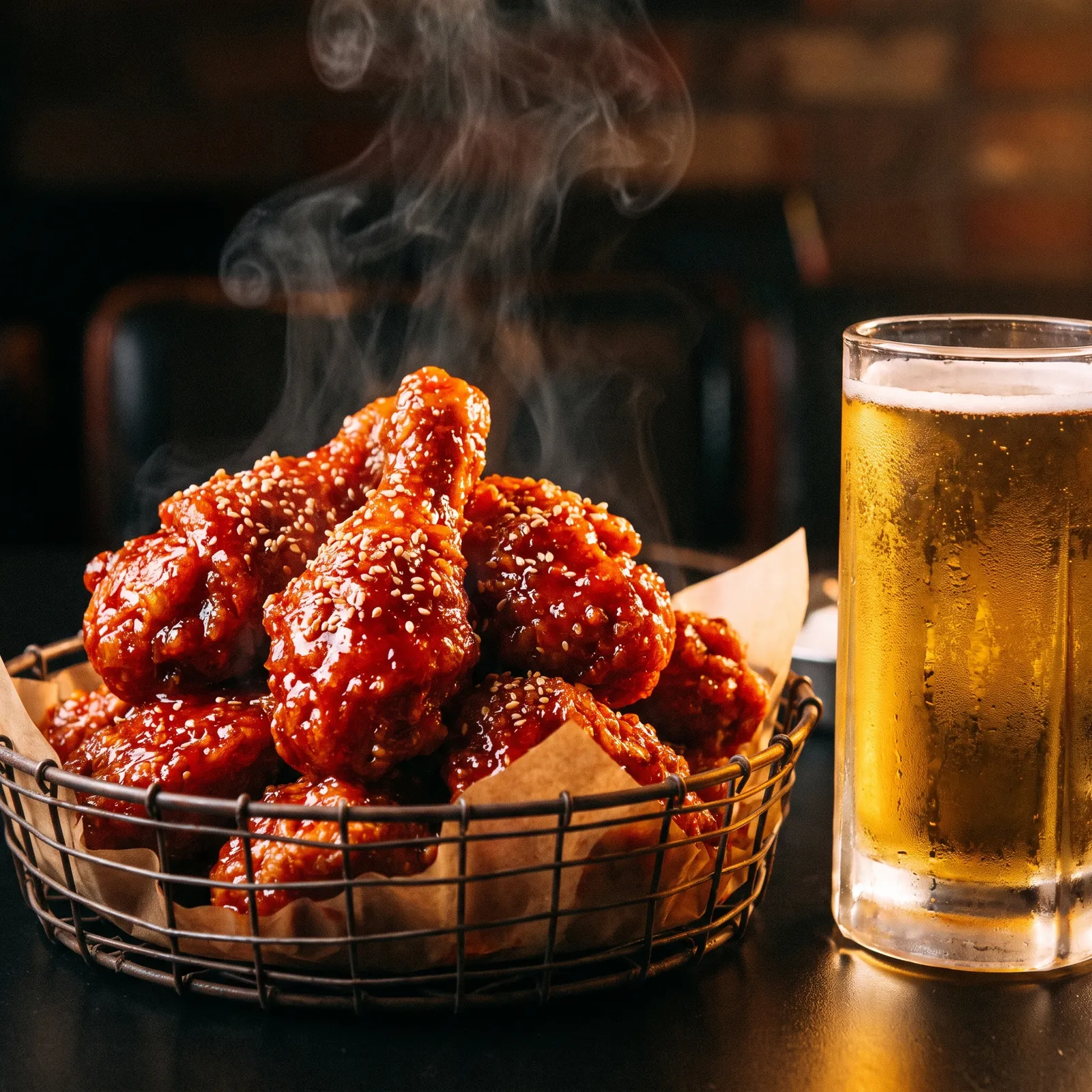 Korean fried chicken with a glossy red yangnyeom glaze and sesame seeds in a basket, a cold beer glass sweating beside it, dark moody background, rim light, mouthwatering