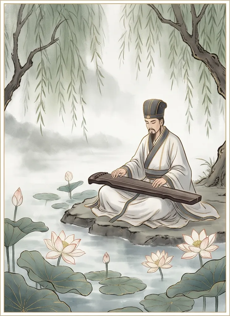 Chinese guofeng digital painting of a scholar playing guqin by a lotus pond, ink wash textures with fine gold lines, ethereal atmosphere