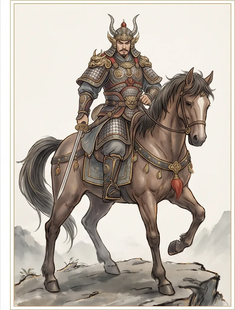 Chinese guofeng digital painting of a general in ornate armor on a horse, ink wash textures with fine gold lines, ethereal atmosphere