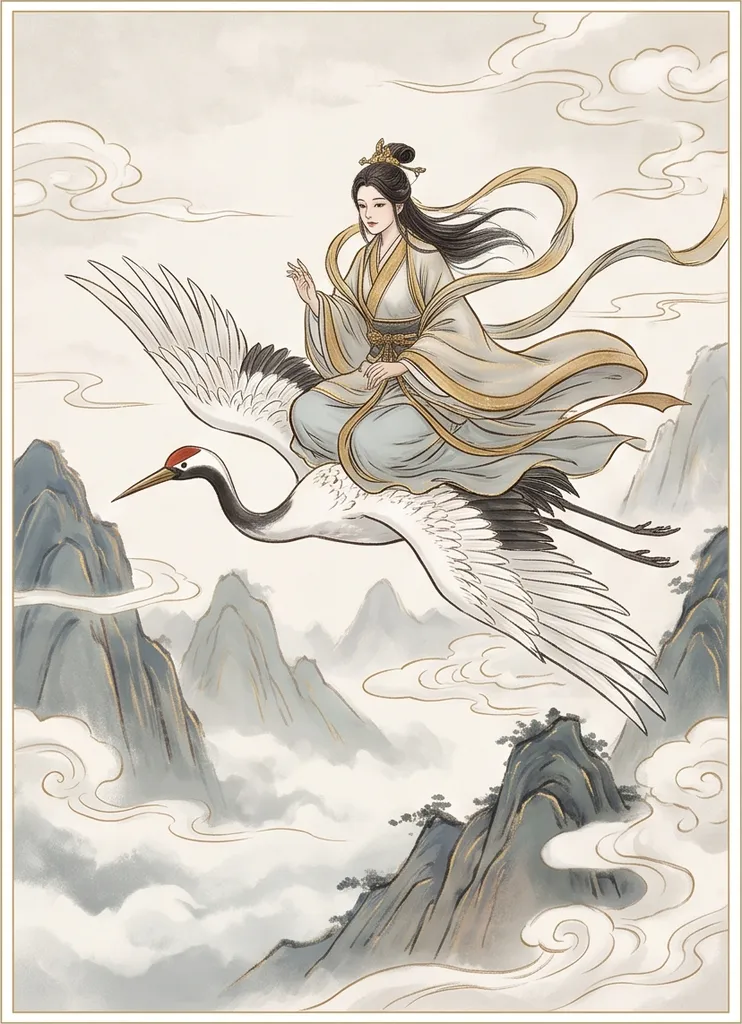 Chinese guofeng digital painting of an immortal riding a crane over clouds, ink wash textures with fine gold lines, ethereal atmosphere