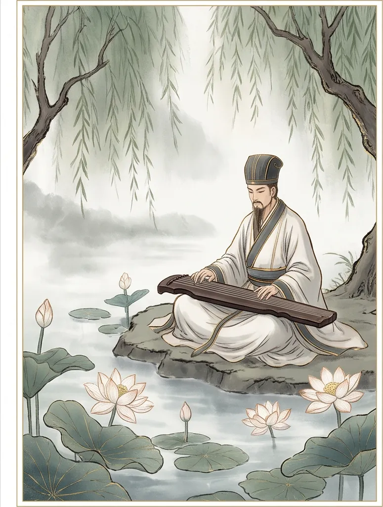 Chinese guofeng digital painting of a scholar playing guqin by a lotus pond, ink wash textures with fine gold lines, ethereal atmosphere