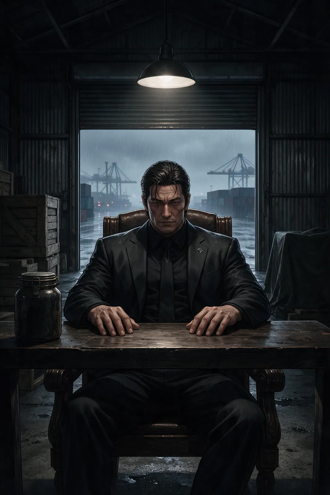 Webtoon noir: a gangster boss in a black suit sitting in a dim Busan port warehouse, rain outside, cold menacing stare, high contrast