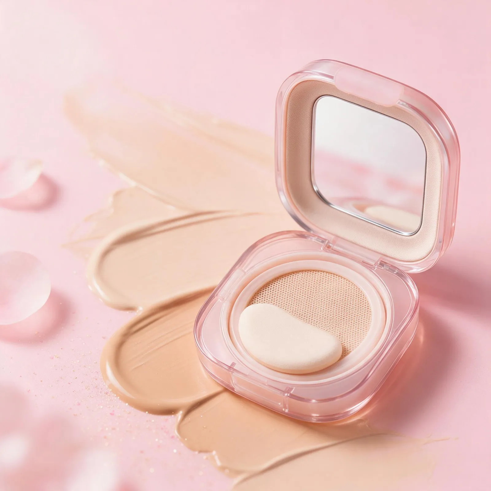 Cushion compact foundation with the mirror open, swatches of creamy beige texture smeared on a blush pink background, soft beauty lighting, K-beauty advertisement