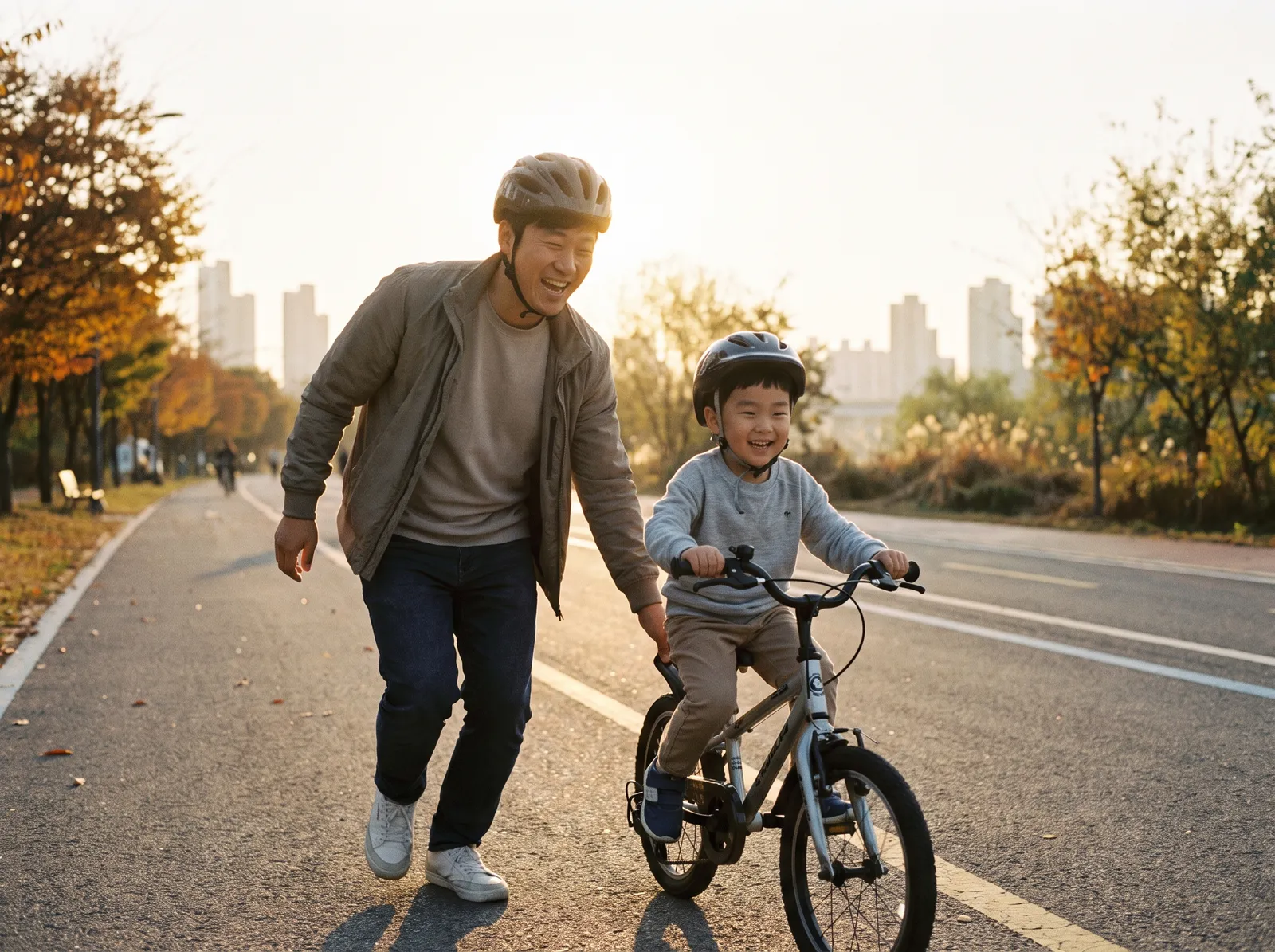 Korean father teaching his young son to ride a bicycle along the Han River park at sunset, holding the back of the seat, both laughing, golden backlight, 35mm candid family moment