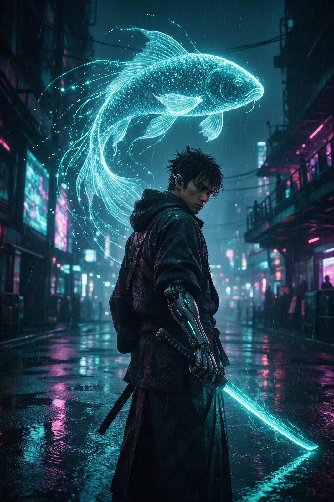Neo-Tokyo street samurai with a glowing katana and a cybernetic arm standing under a giant holographic koi swimming above the street, rain, reflective puddles, high-contrast neon noir