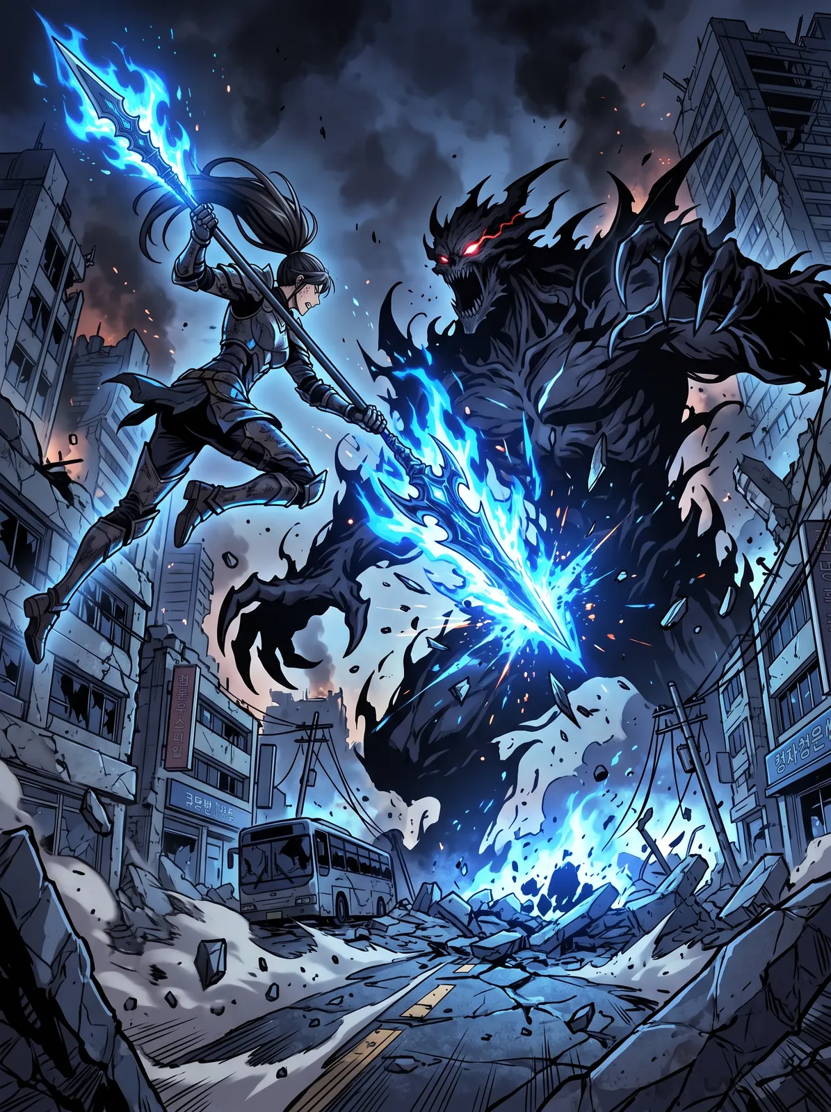 Hunter webtoon action scene: an S-rank hunter woman with a giant spear facing a towering shadow monster in a ruined Seoul street, blue flames, debris flying, dynamic angle