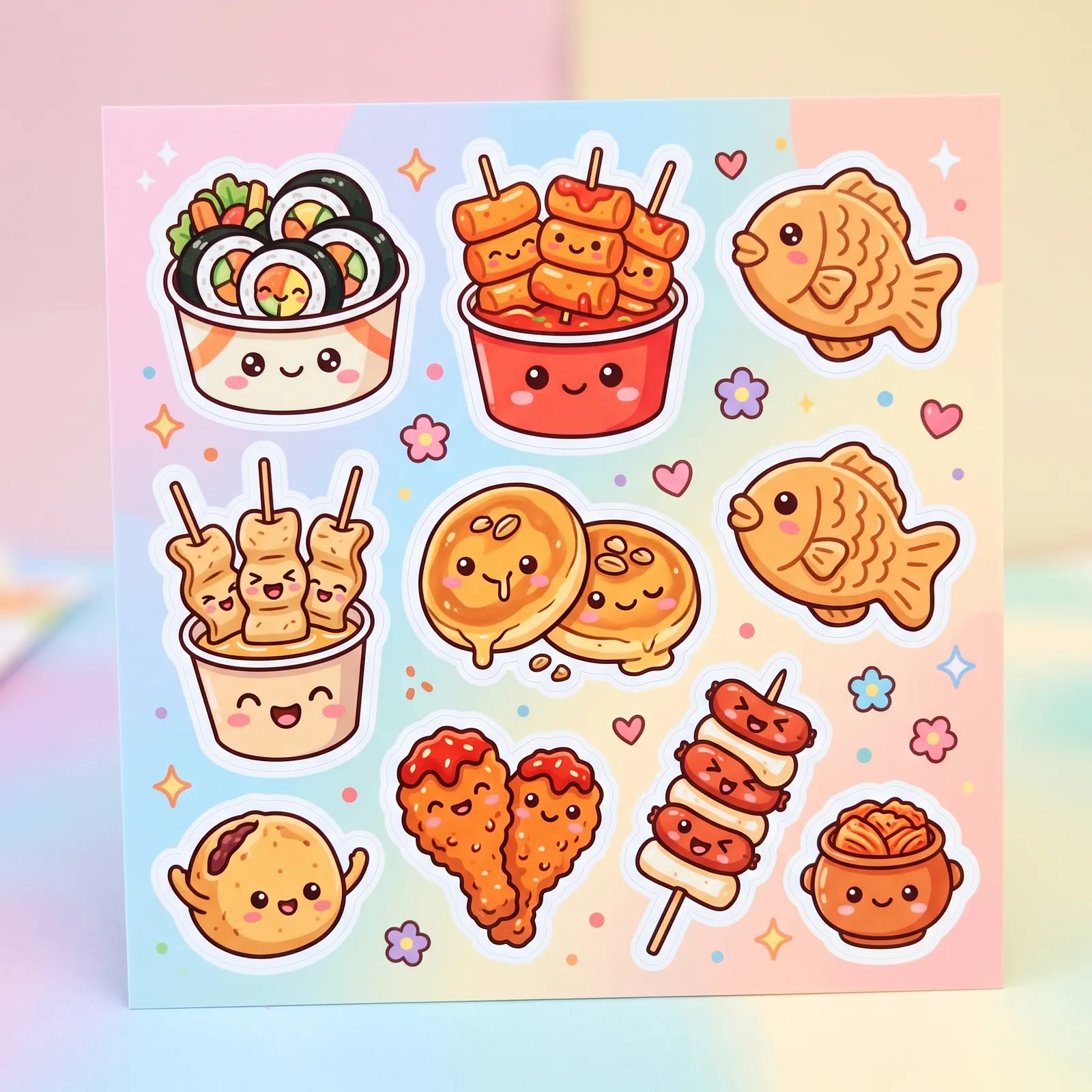 Kawaii sticker sheet style illustration of Korean street foods with cute faces, tteokbokki, hotteok, odeng, gimbap, white outlines, pastel background, no text