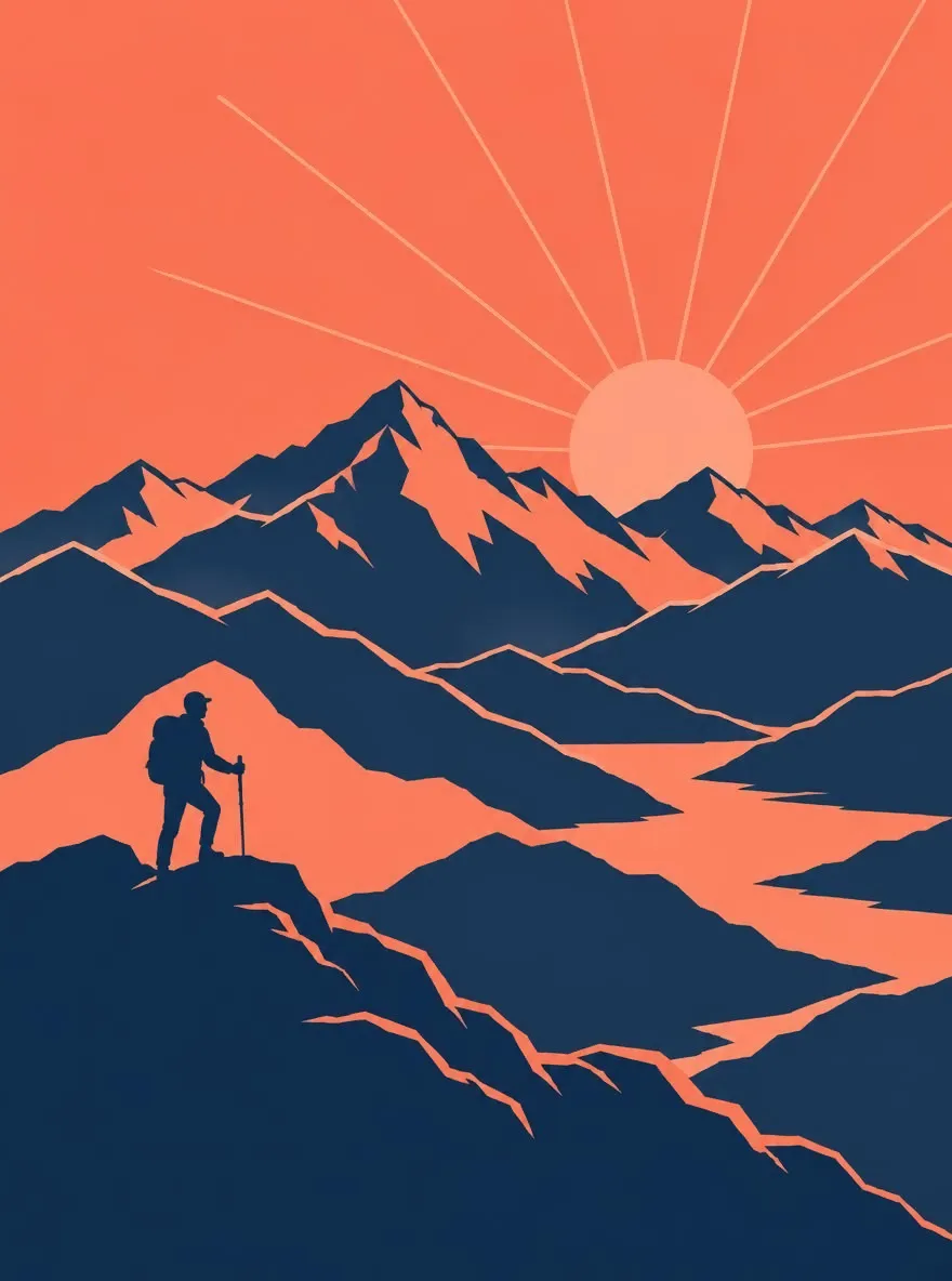 Minimal line art poster of a mountain range at sunrise with a single hiker, two-tone coral and navy, clean geometric composition, no lettering