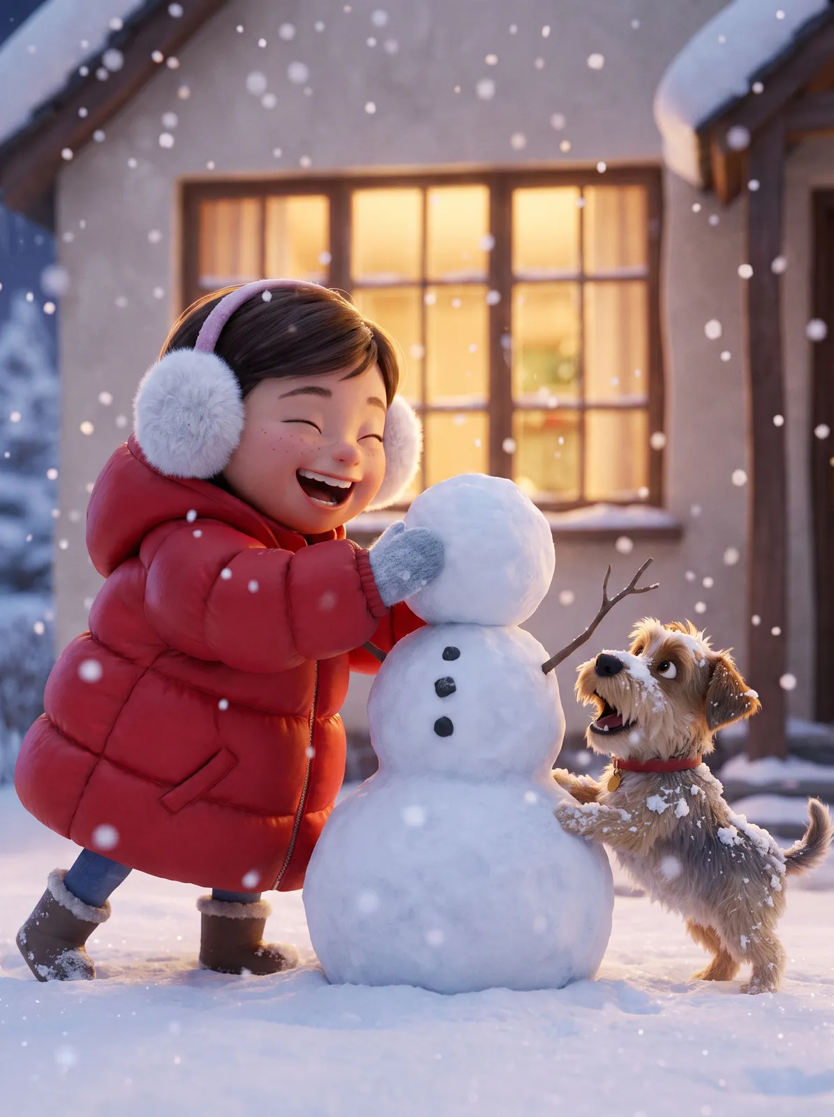 3D animated film style render of a little girl in a puffy parka and earmuffs building a lopsided snowman with her small dog, soft snowfall, warm window light behind, expressive faces