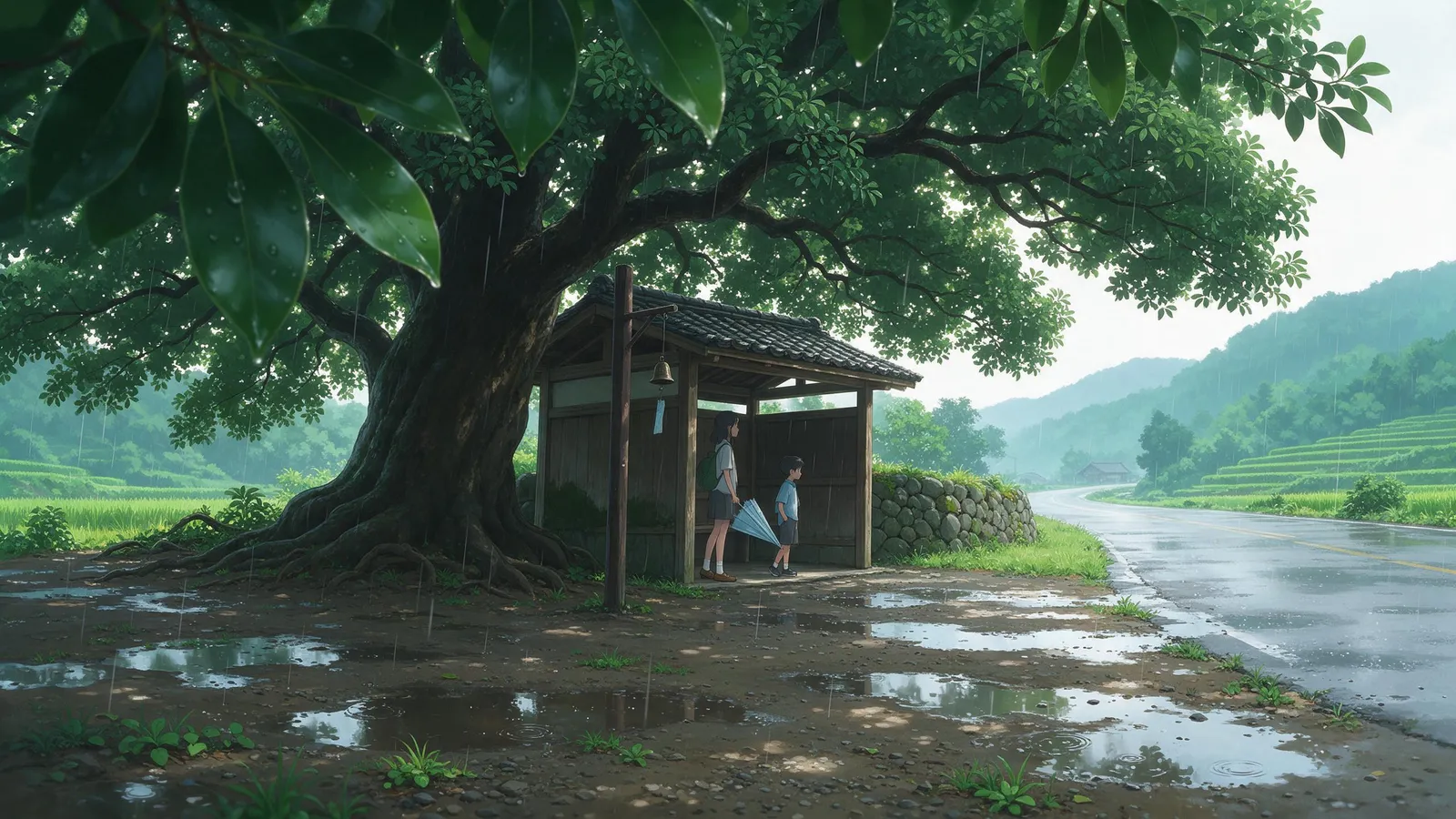 Anime countryside scene of a small bus stop under a huge camphor tree during a summer rain shower, a girl and a boy waiting, puddles, soft green light, nostalgic