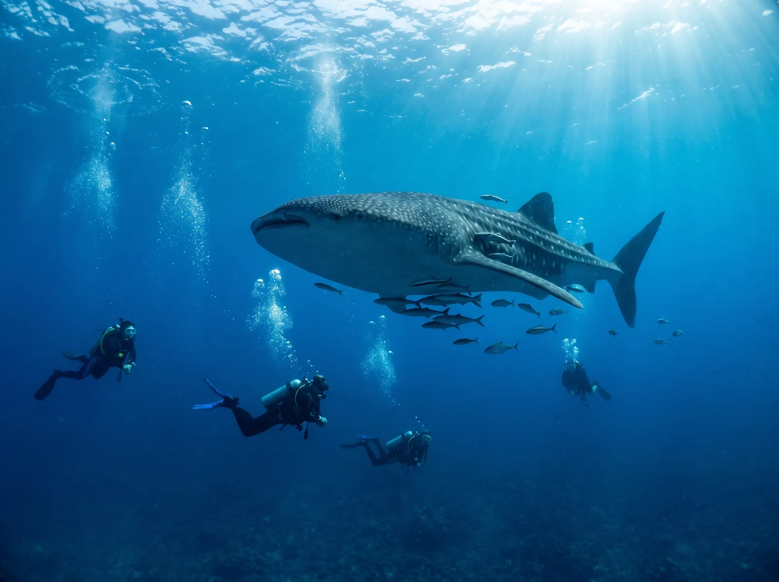 Whale shark swimming in deep blue water with divers, sun rays, majestic underwater scene