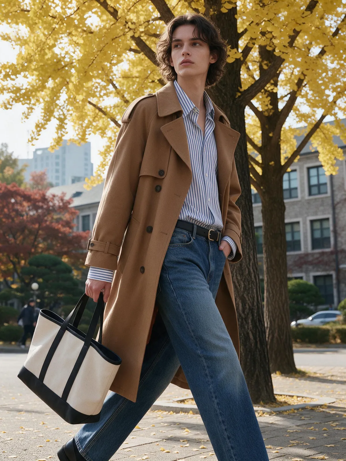 Seoul campus fashion in autumn: a model in a camel trench coat, striped shirt and denim walking past ginkgo trees with a tote bag, natural candid style