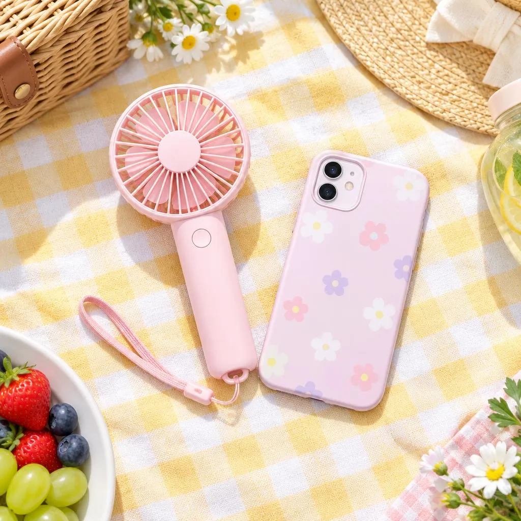 Pastel portable mini fan and matching phone case on a summer picnic blanket, bright product flat lay