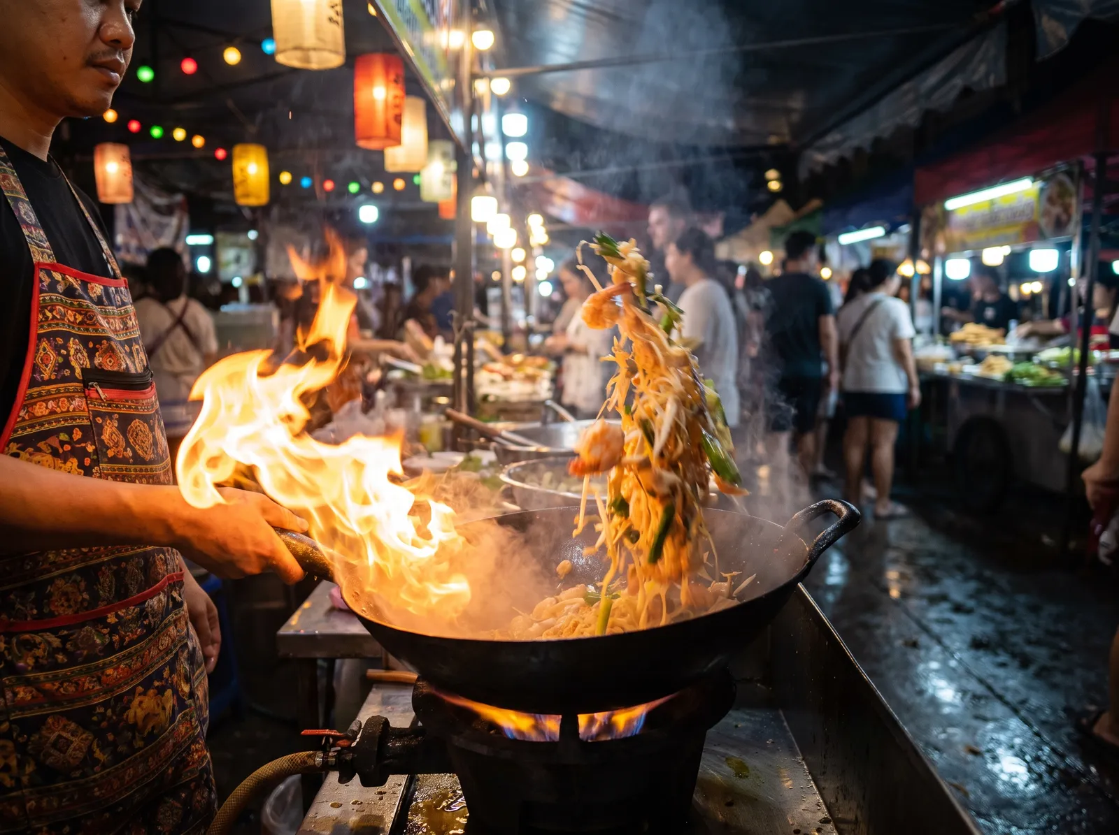 Street food scene of Thai pad thai being tossed in a flaming wok at a Bangkok night stall, flames leaping, motion blur, vibrant