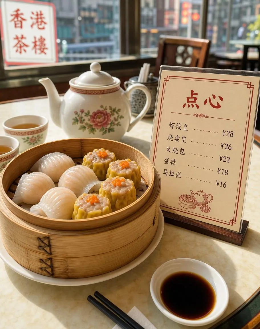 Bamboo steamer of har gow and siu mai on a round table, a printed menu card beside it titled "点心" with a few dishes listed, teapot and cups, bright Hong Kong teahouse light