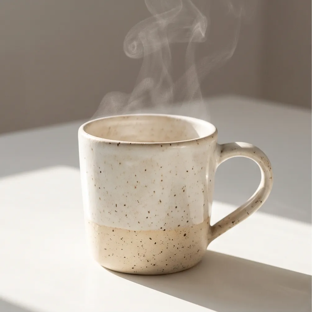 A ceramic coffee mug with steam, luxury product photography, minimal composition