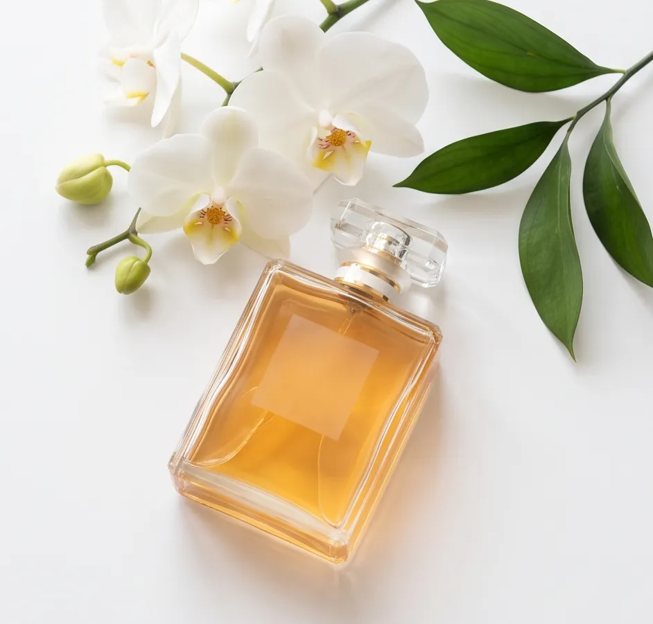 A luxury perfume bottle with flowers, luxury product photography, minimal composition
