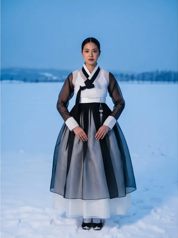 Portrait of a Thai woman in her twenties wearing a modern hanbok with sheer organza in a Hokkaido snowfield, blue hour ambience, high fashion campaign photo