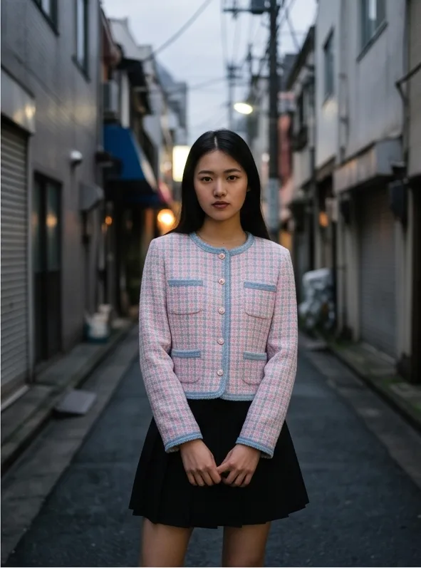 Portrait of a young Chinese woman wearing a pastel tweed jacket in a Tokyo backstreet at night, overcast diffused light, editorial magazine photography