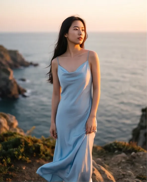 Portrait of a young Chinese woman wearing a flowing silk slip dress in a seaside cliff, cinematic side light, dreamy soft focus portrait