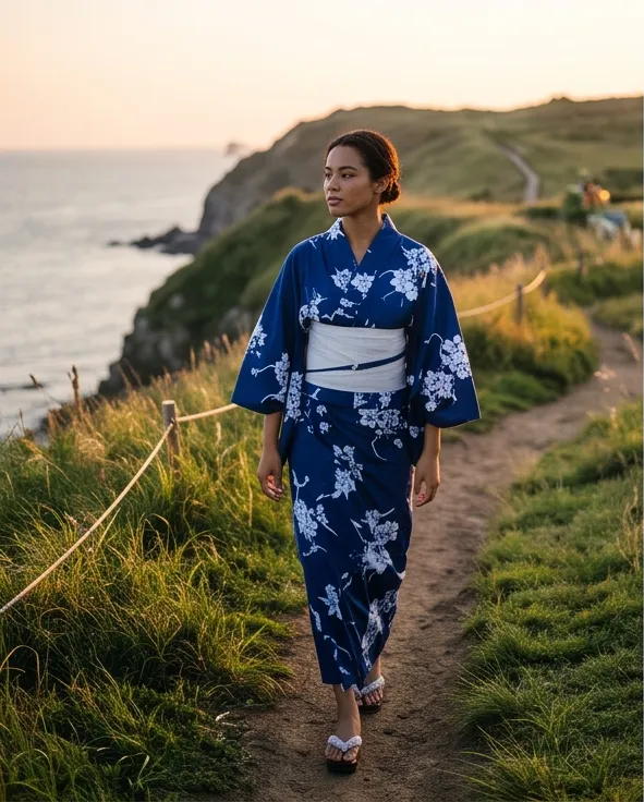 Portrait of a mixed-race Korean model wearing a yukata with a floral pattern in a seaside cliff, cinematic side light, 35mm documentary photo