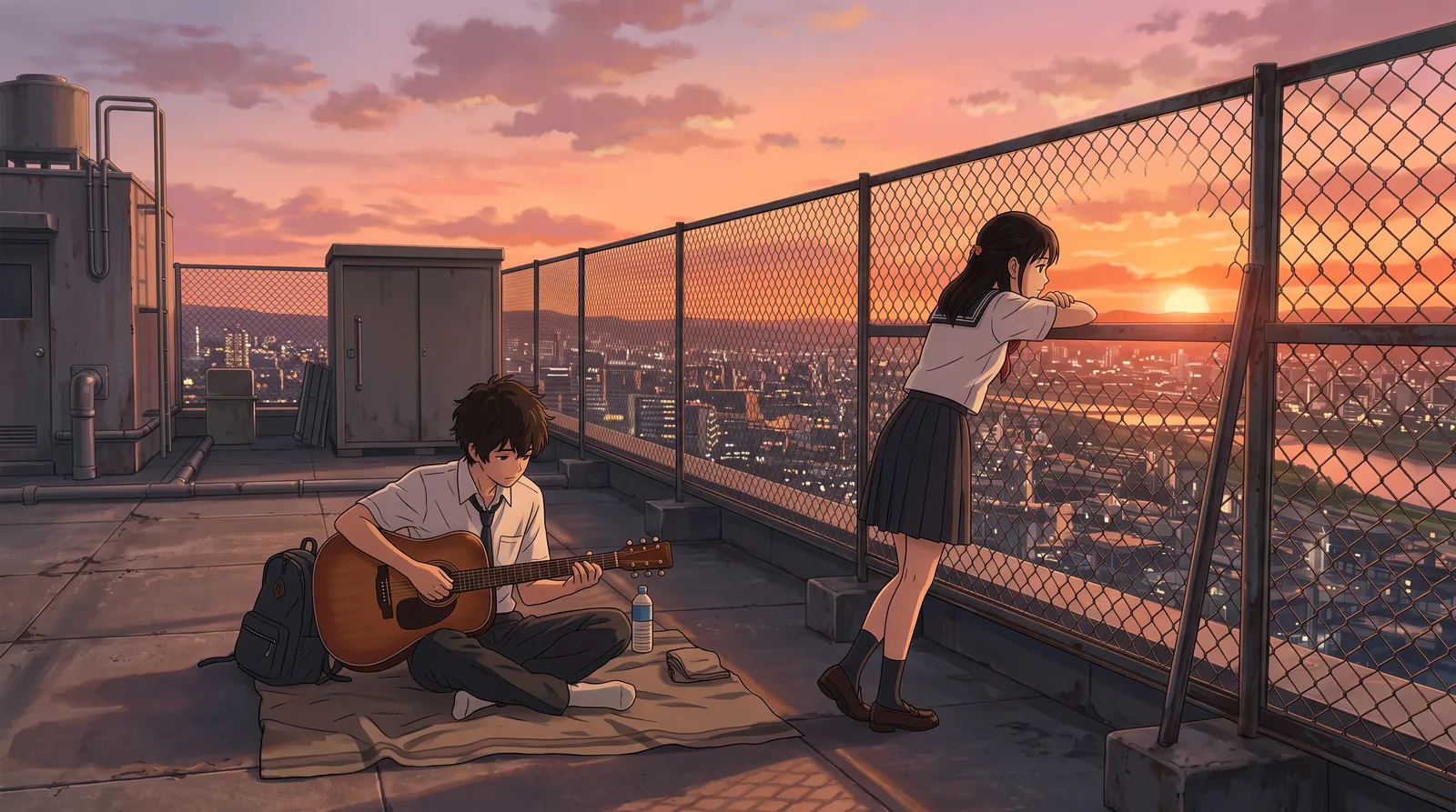 Anime scene of a high school rooftop at sunset, a boy playing guitar while a girl listens leaning on the fence, city below, orange sky, coming-of-age feeling