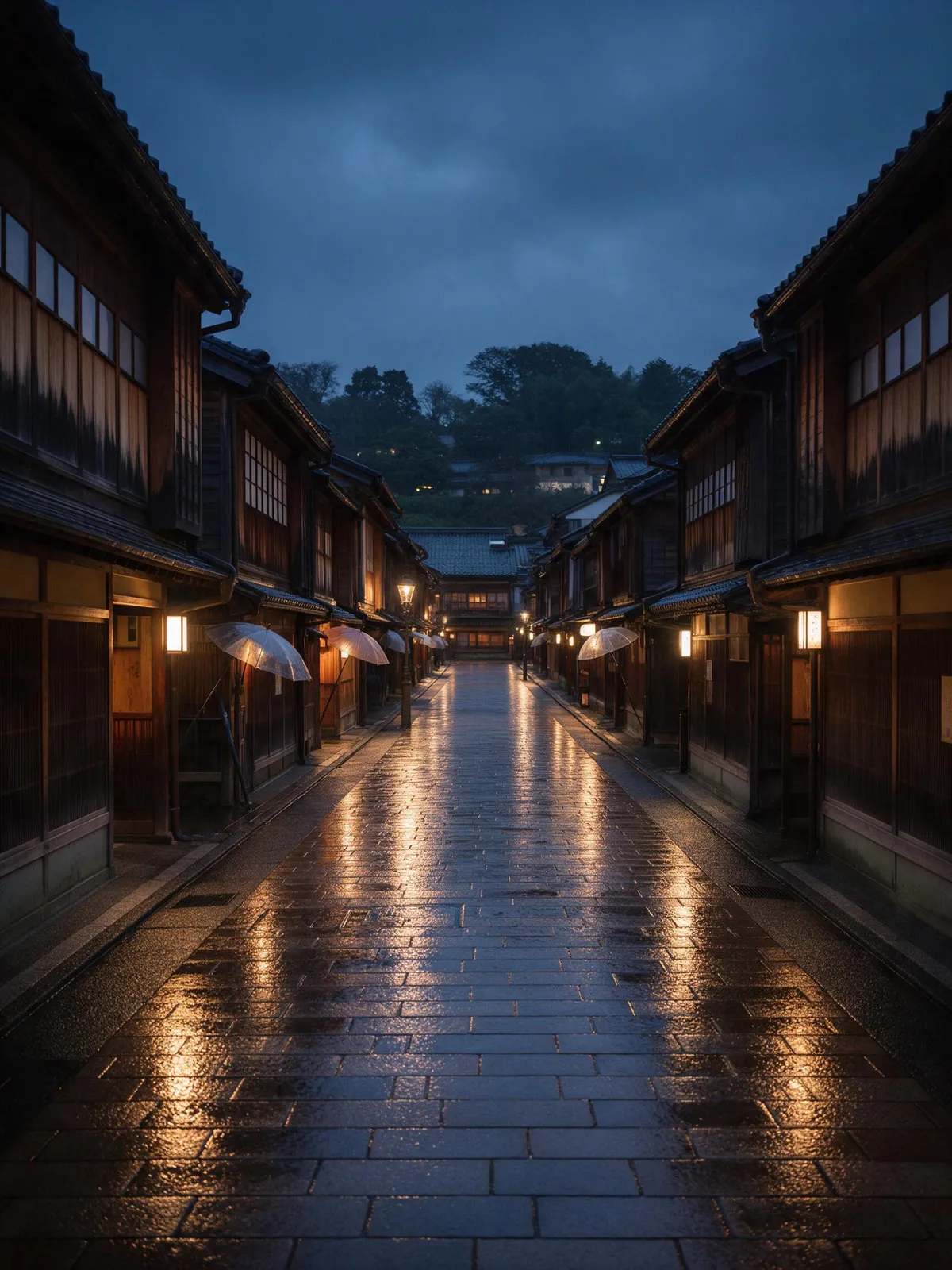 Kanazawa Higashi Chaya district in the rain, wooden teahouses, umbrellas, glossy stone street, quiet evening