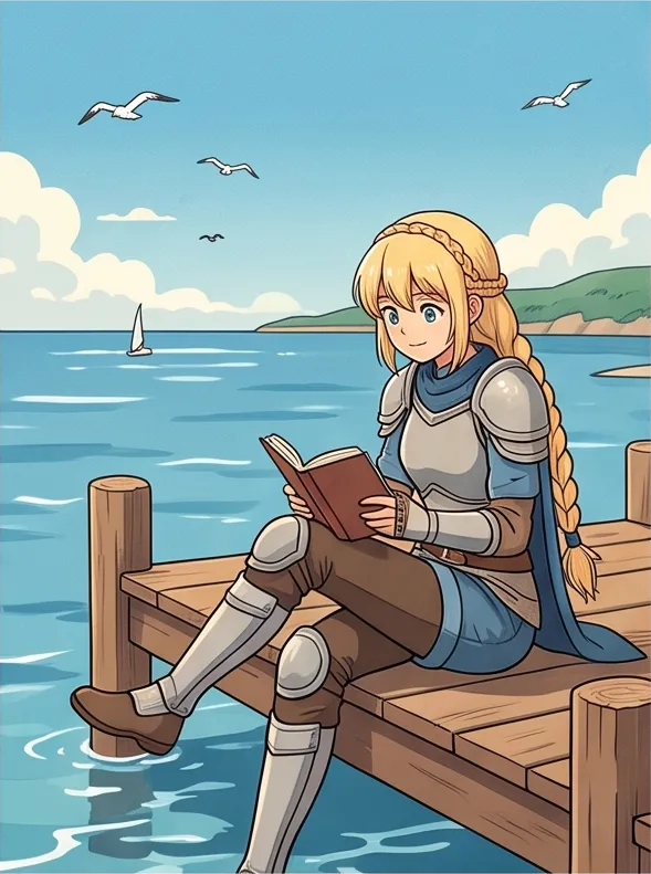 lo-fi anime illustration, cozy palette: a knight girl with blonde braid by the sea in summer