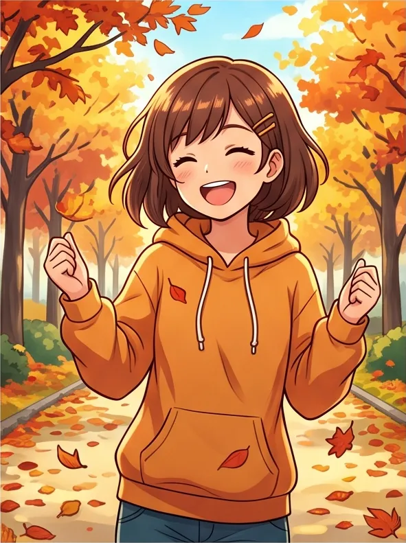 modern anime key visual, cel shading, detailed background: a cheerful girl with a short bob and hairclip in an autumn park