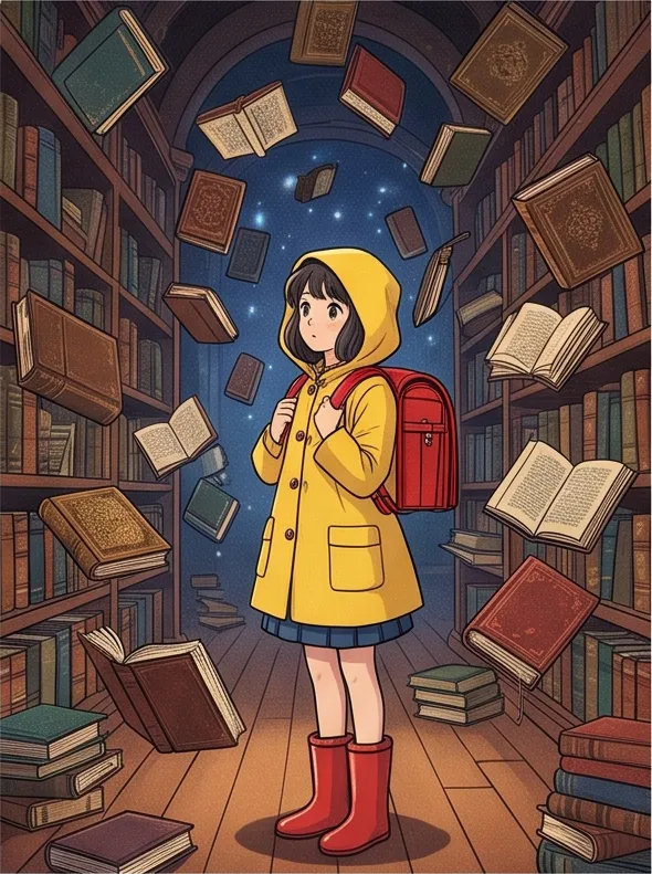 90s retro anime style, soft film grain: a schoolgirl with a yellow raincoat in a library with floating books