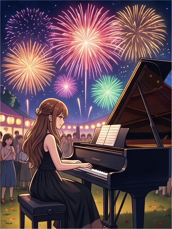 modern anime key visual, cel shading, detailed background: a pianist girl in a black dress at a summer festival with fireworks