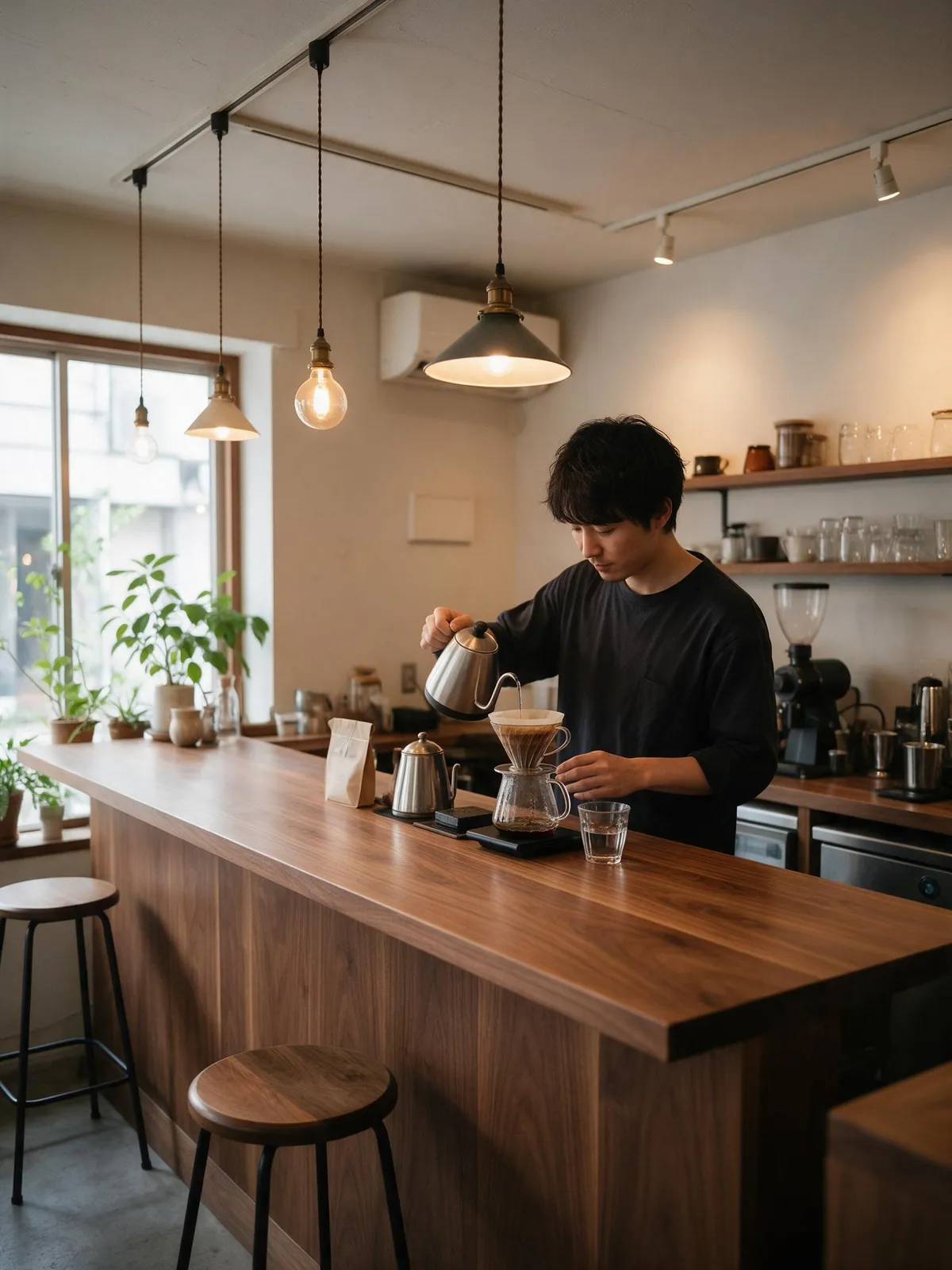 Small Tokyo café interior with a long walnut counter, pendant lights, hand-drip coffee station, a barista working, plants by the window, cozy and warm