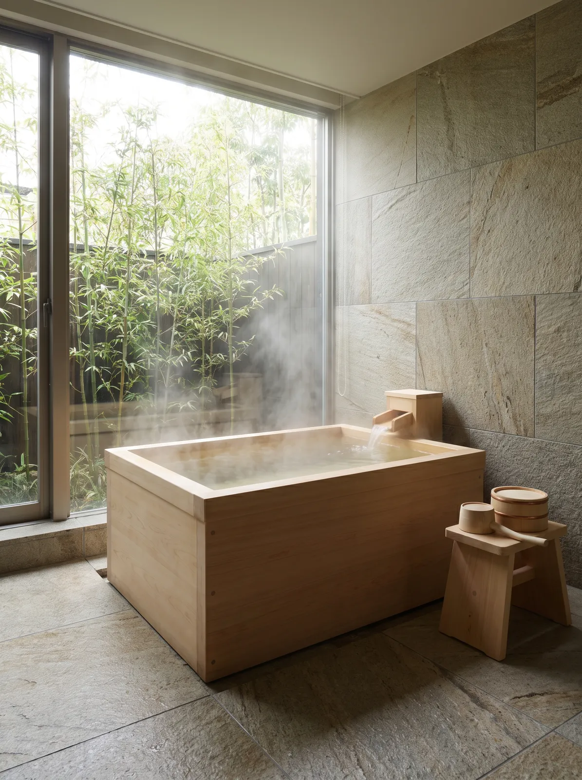 Minimal bathroom with a Japanese hinoki wood soaking tub, large window onto a bamboo garden, steam rising, natural stone tiles, spa atmosphere