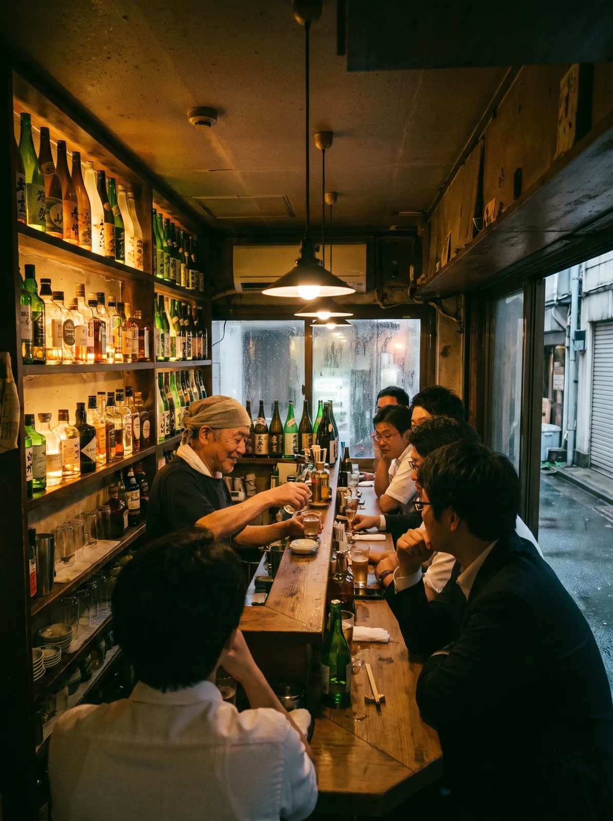 Tiny Tokyo standing bar interior with a narrow counter, bottles glowing on shelves, a bartender, warm moody light