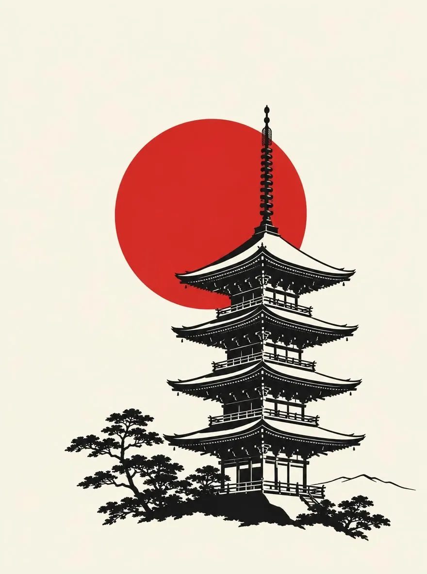 Minimal line art poster of a Kyoto pagoda with a red sun behind it, lots of negative space, two-color screen print style, elegant