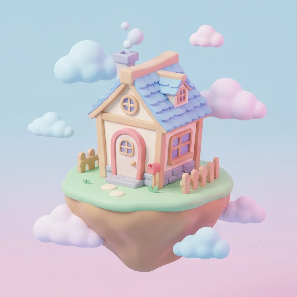 A tiny house on a floating island, cute 3D render, soft studio lighting, pastel background