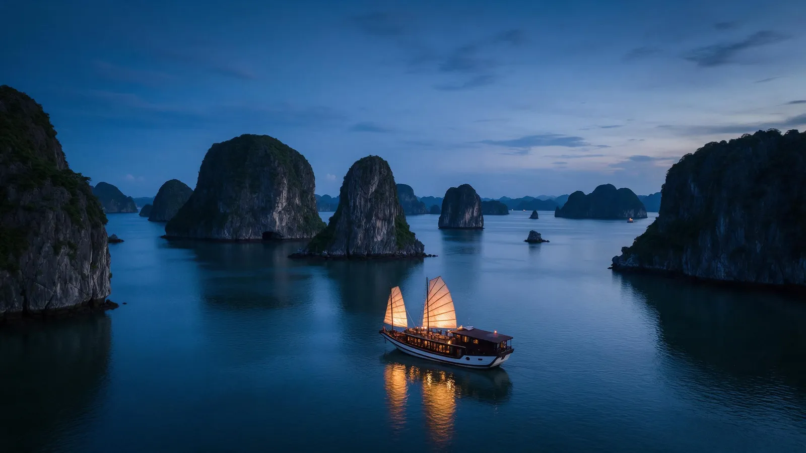 Landscape: Ha Long Bay at blue hour with limestone karsts and a traditional junk boat with lit sails, calm reflective water