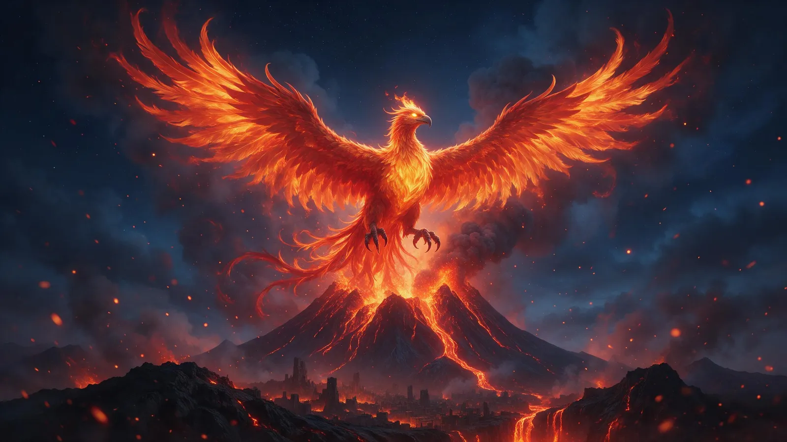 Phoenix rising from a volcano, wings of fire spreading across the night sky, embers swirling, epic scale, vivid orange and crimson against deep blue