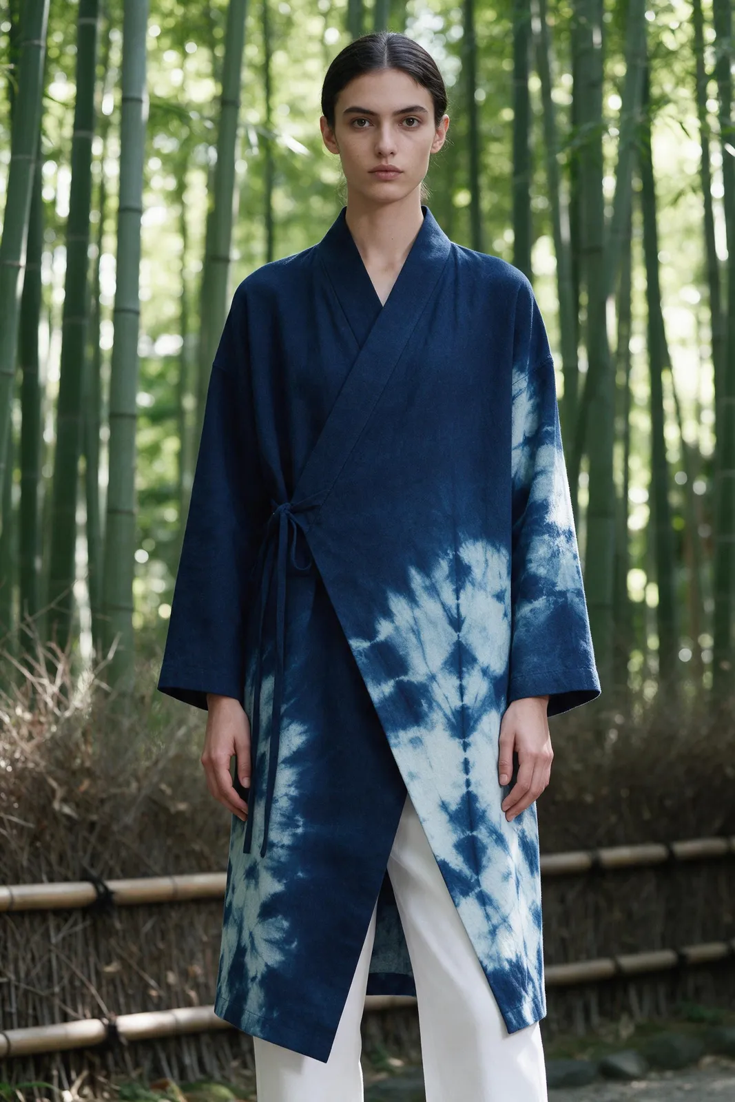 Kimono-inspired modern fashion: a model in an asymmetrical indigo shibori-dyed wrap coat over white trousers, standing in a Kyoto bamboo grove, soft green light, contemporary Japanese design