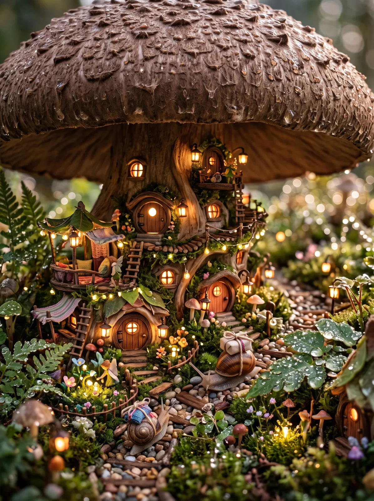 Tiny fairy village built inside a giant hollow mushroom, round doors and lantern-lit windows, snails carrying parcels, dew drops, macro photography look, enchanting soft light