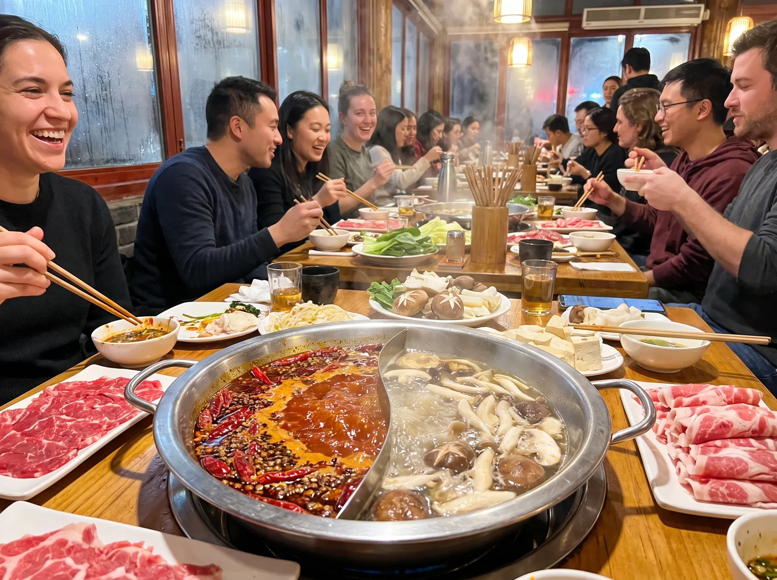 Sichuan hot pot with a bubbling red mala broth and clear mushroom broth split, plates of thinly sliced beef and vegetables around it, steam and chili oil sheen, lively dinner scene
