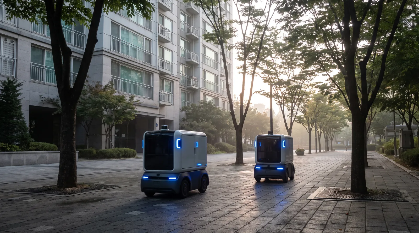Photoreal autonomous delivery robots moving along a clean Seoul sidewalk at dawn, apartments and trees, near-future realism