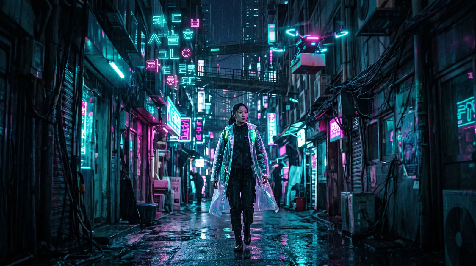 Cyberpunk Seoul in 2089: rain-slick alley in a vertical city, holographic hangul-shaped glyphs without readable text, delivery drones overhead, a woman in a translucent raincoat walking toward camera,