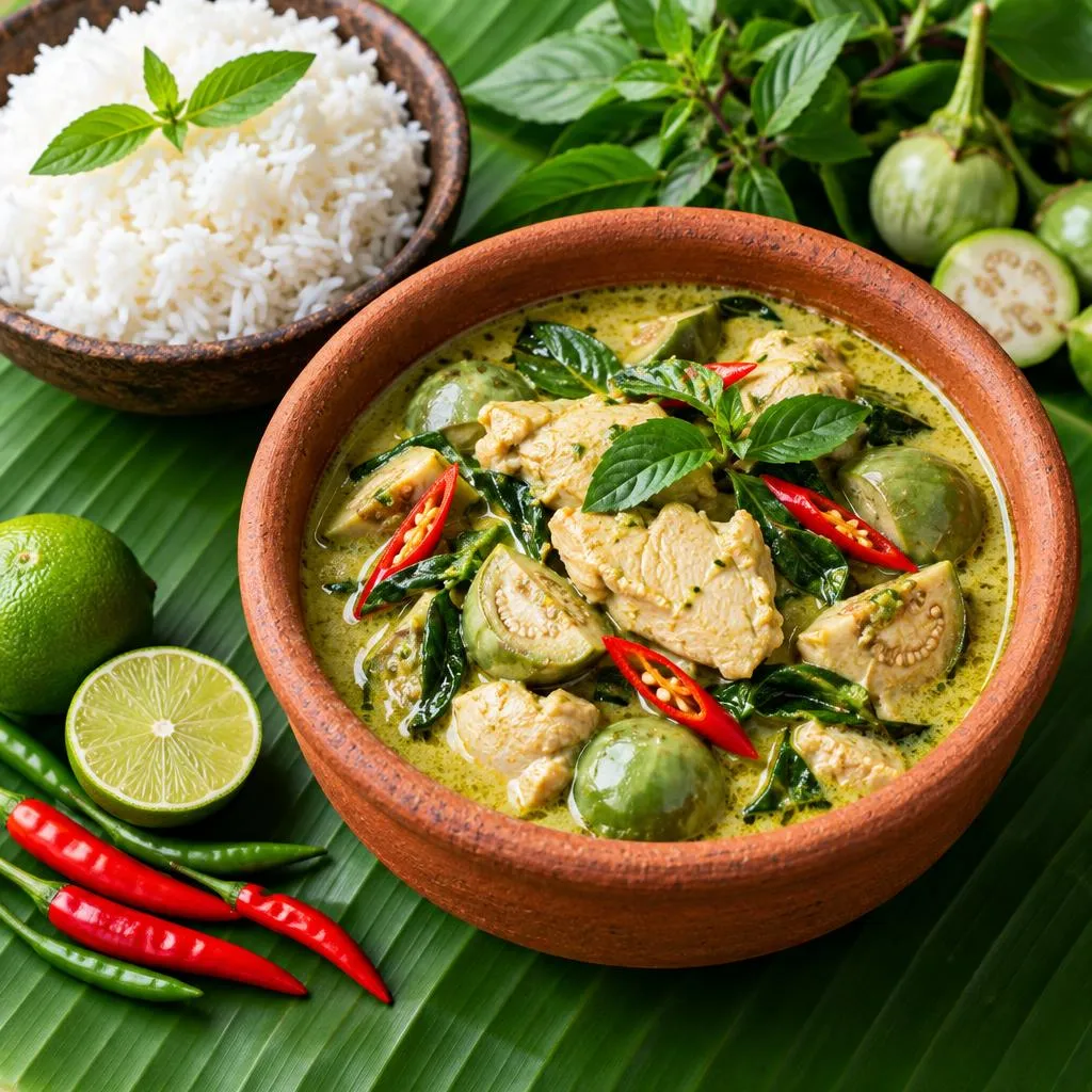 Thai green curry with chicken, Thai basil and eggplant in a clay bowl beside jasmine rice, lime and chilies on a banana leaf, vibrant food photography