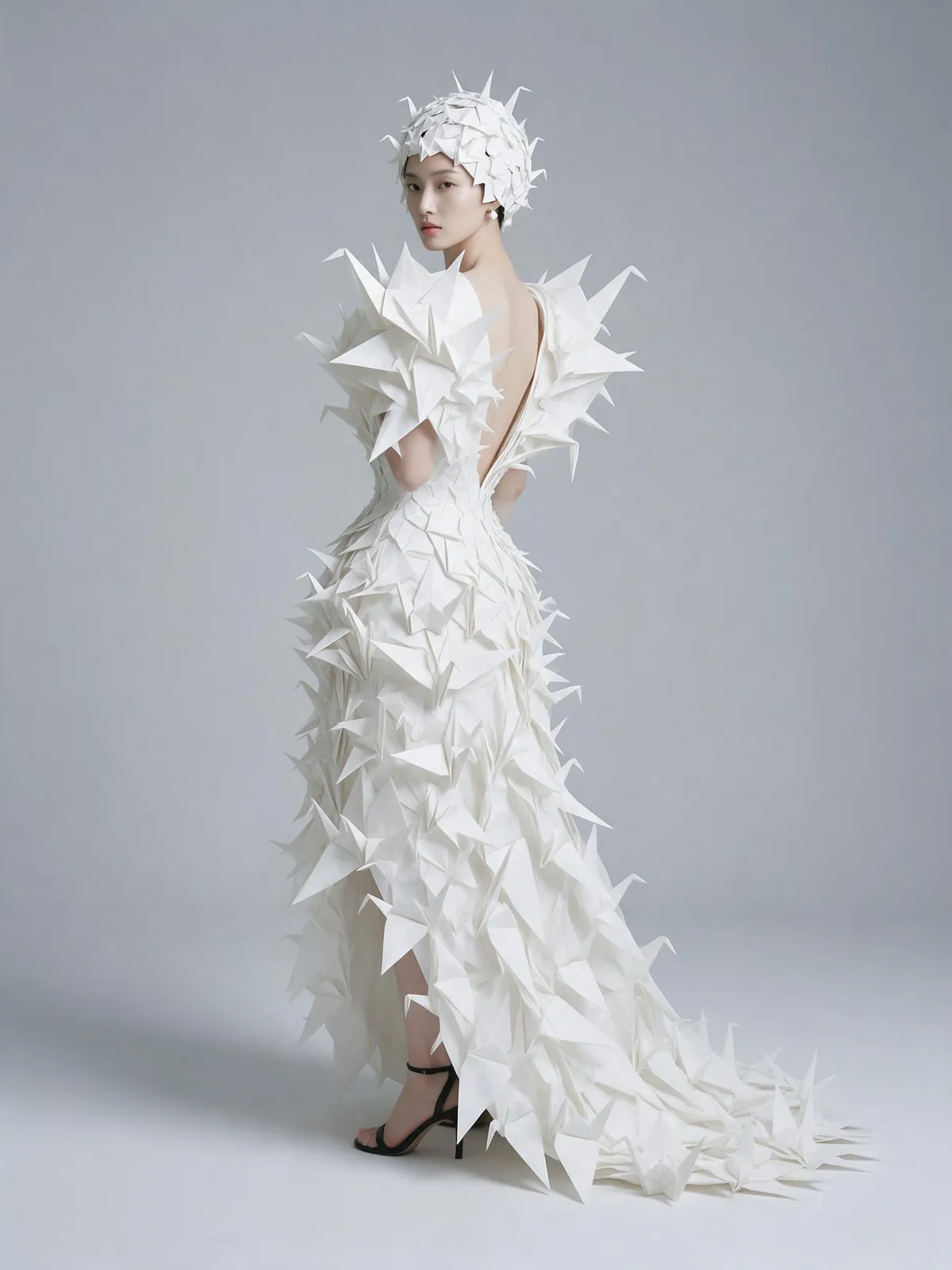 Avant-garde paper fashion: a model wearing a sculptural dress made of folded white origami cranes, against a soft grey seamless backdrop, studio light, conceptual high fashion