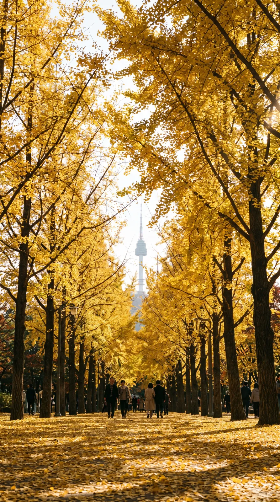 Vertical wallpaper of a golden ginkgo tree avenue in Seoul with leaves covering the ground, warm autumn